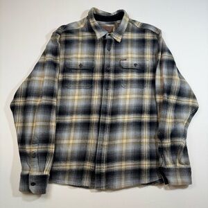 Orvis Plaid Flannel Shirt‎ Shacket XXL Black Tan Cotton Fleece Outdoor Casual